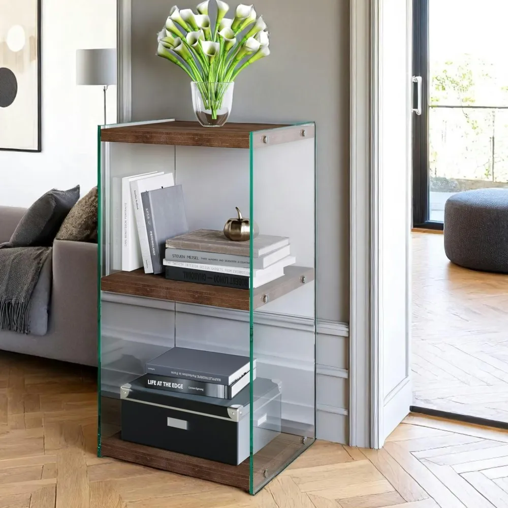 Meubles De Rangement·Petits Meubles De Rangement|LHASA Colonne vitrine design - bois gris foncé, 3 plateaux