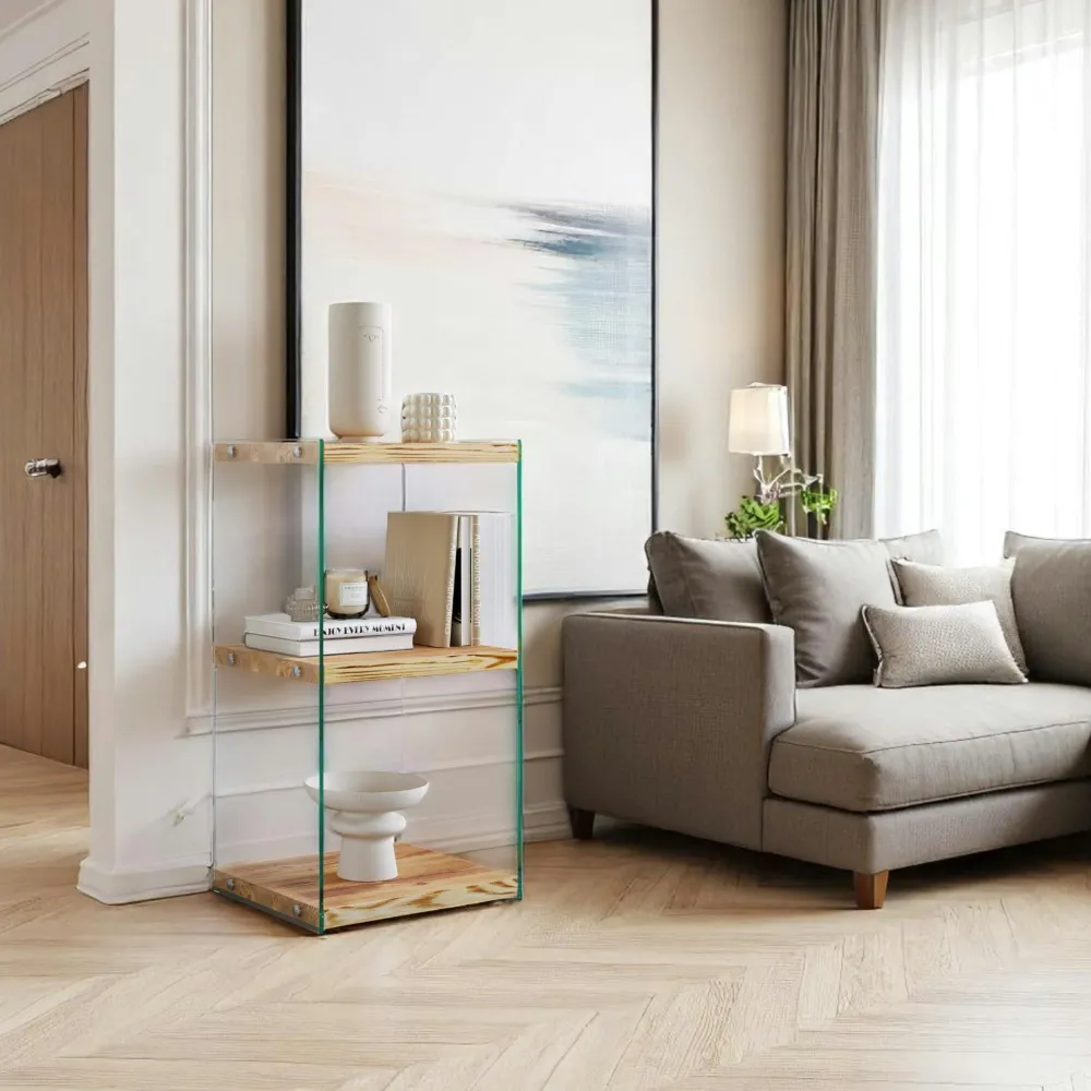 Meubles De Rangement·Petits Meubles De Rangement|LHASA Colonne vitrine design - bois gris foncé, 3 plateaux