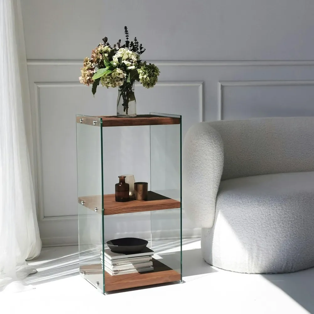 Meubles De Rangement·Petits Meubles De Rangement|LHASA Colonne vitrine design - bois gris foncé, 3 plateaux