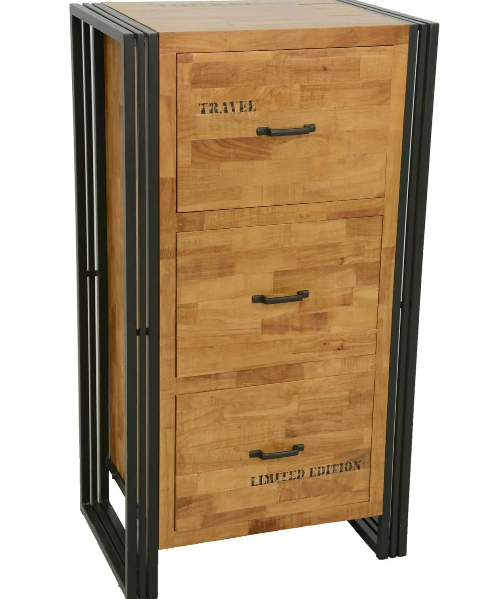 Commodes Industrielles|Commodes En Bois|Docker Commode / Chiffonnier hévéa recyclé naturel et métal noirci 3 tiroirs 60X40X110cm