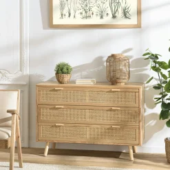 Commodes En Bois|Commodes Scandinaves|ALGA Commode 3 tiroirs bois clair et cannage