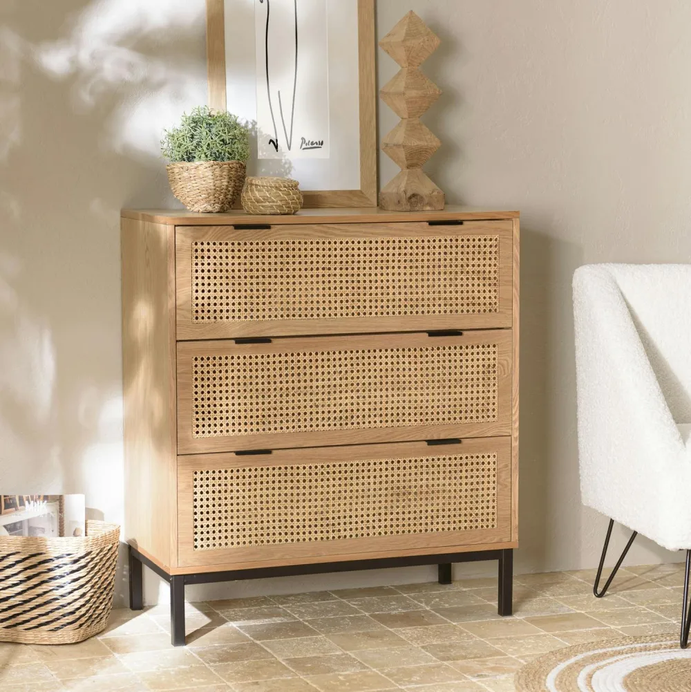 Commodes En Bois|PALMA Commode 3 tiroirs cannage en rotin 80 cm