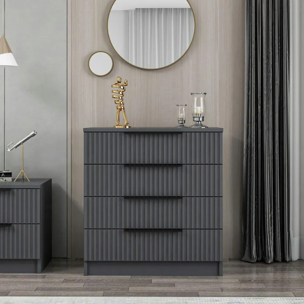 Commodes Blanches|Commodes En Bois|BYRON Commode blanche moderne 4 tiroirs, façade rainurée