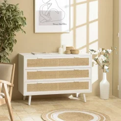 Commodes Scandinaves|Commodes Blanches|CALVIA Commode bois blanc et cannage naturel 3 tiroirs
