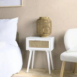 Commodes Scandinaves|Commodes Blanches|CALVIA Commode bois blanc et cannage naturel 3 tiroirs