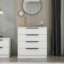 Commodes En Bois|BYRON Commode chambre 4 tiroirs, façade grise rainurée