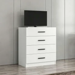 Commodes Blanches|Commodes En Bois|MARFA Commode chambre blanche 4 tiroirs, poignées baguettes