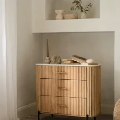 Commodes Blanches|Commodes En Bois|MASSA Commode en bois de manguier et marbre 6 tiroirs