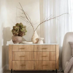 Commodes En Bois|Commodes Blanches|MASSA Commode en bois de manguier et marbre 3 tiroirs