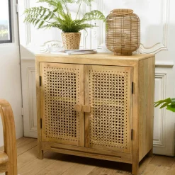 Commodes En Bois|Swing Commode en teck recyclé 3 tiroirs tressage coco