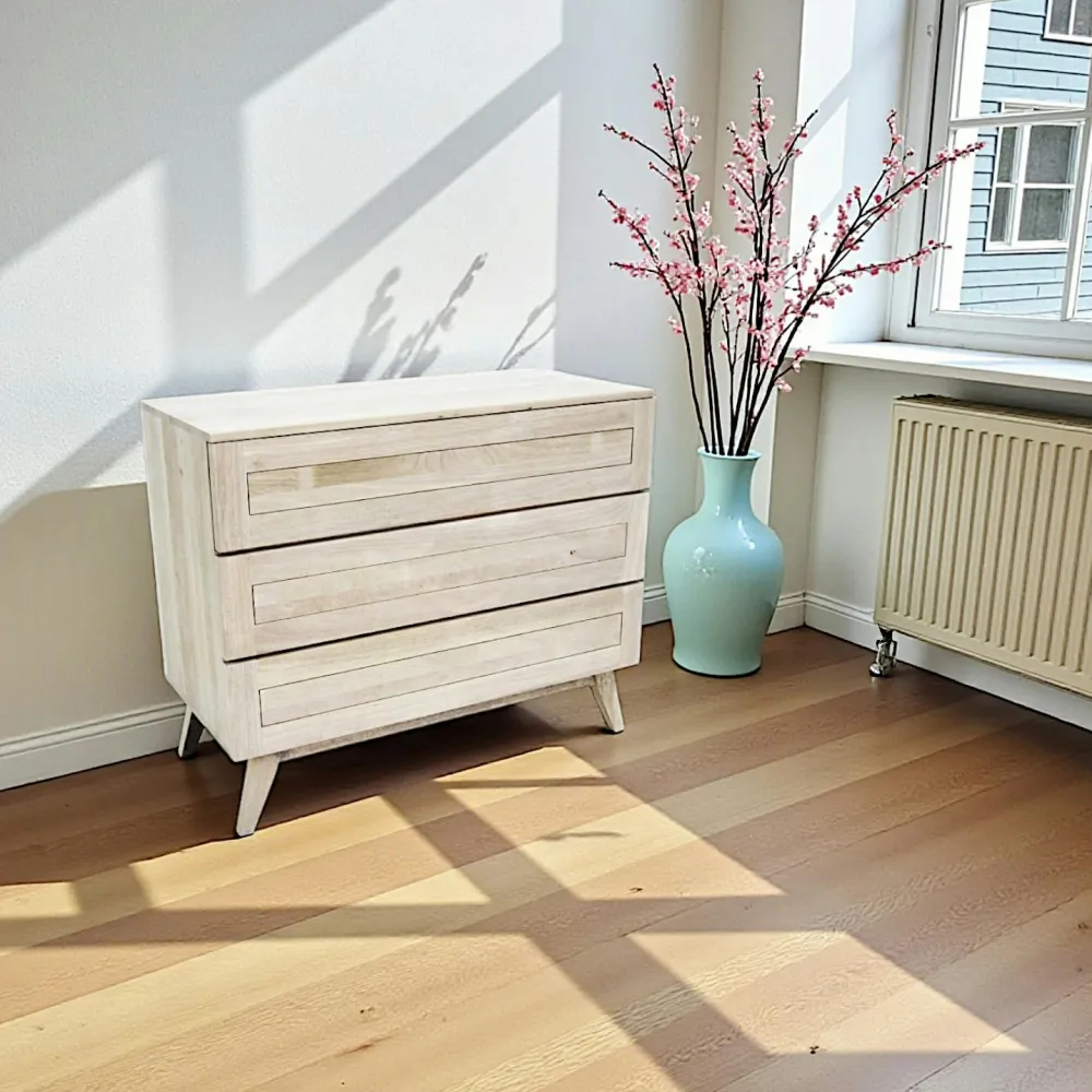 Commodes Vintage|Commodes En Bois|Sixties Commode Hévéa 3 tiroirs 100x48x80cm