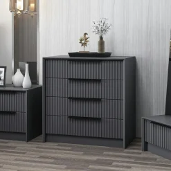 Commodes Blanches|Commodes En Bois|BYRON Commode moderne 4 tiroirs beige, façade rainurée