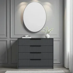 Commodes En Bois|BYRON Commode moderne grise 4 tiroirs, miroir assorti