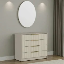 Commodes En Bois|BYRON Commode moderne grise 4 tiroirs, miroir assorti