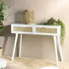 Consoles Scandinaves|Consoles Avec Tiroirs|CALVIA Console blanche moderne 2 tiroirs cannage naturel