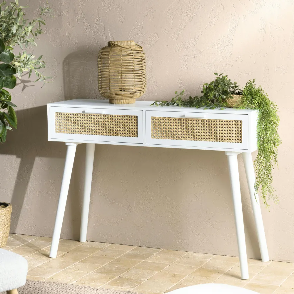 Consoles Scandinaves|Consoles Avec Tiroirs|CALVIA Console blanche moderne 2 tiroirs cannage naturel