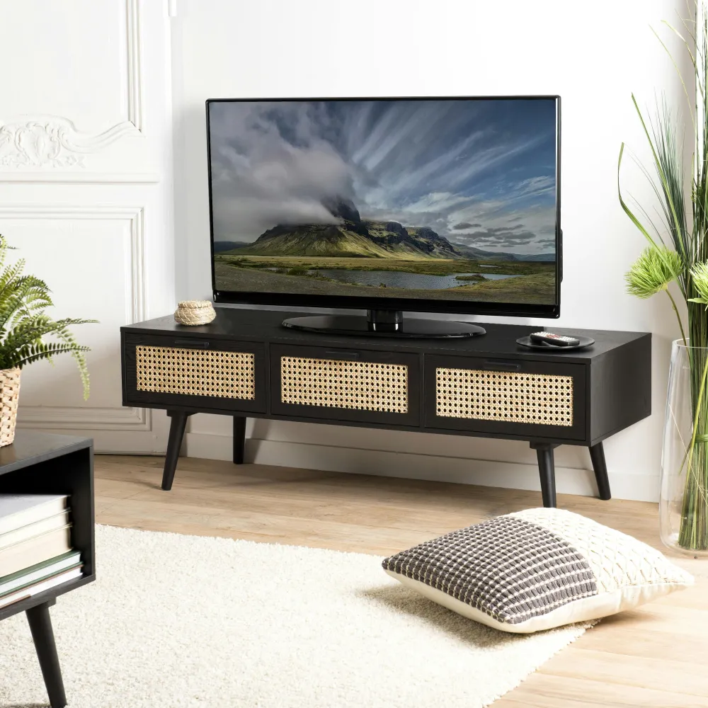 Consoles Avec Tiroirs|Consoles Avec Tiroir|PALMA 2 Console bois noir tiroirs cannage