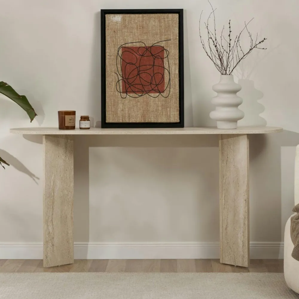 Consoles En Bois|Consoles En Bois|MARFA Console de salon noire ovale - pieds en V, effet bois