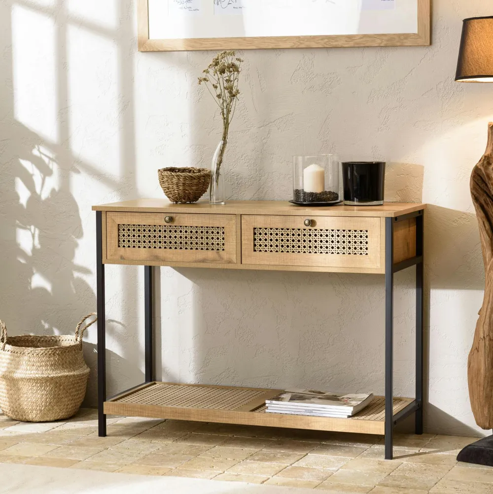 Consoles Avec Tiroirs|Consoles Avec Tiroir|ALCUDIA Console d'entrée bois - métal avec tiroirs cannage