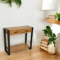 Consoles Avec Tiroirs|Consoles Avec Tiroir|Docker Console hévéa recyclé naturel et métal noirci 2 tiroirs 2 plateaux 90X35X80cm