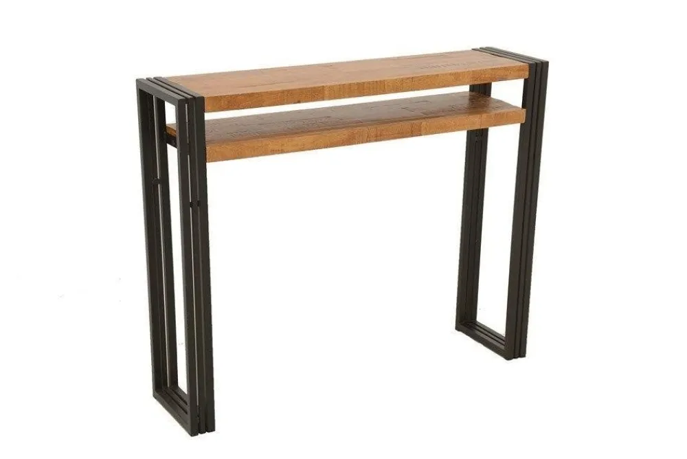 Consoles Avec Tiroirs|Consoles Avec Tiroir|Docker Console hévéa recyclé naturel et métal noirci 2 tiroirs 2 plateaux 90X35X80cm