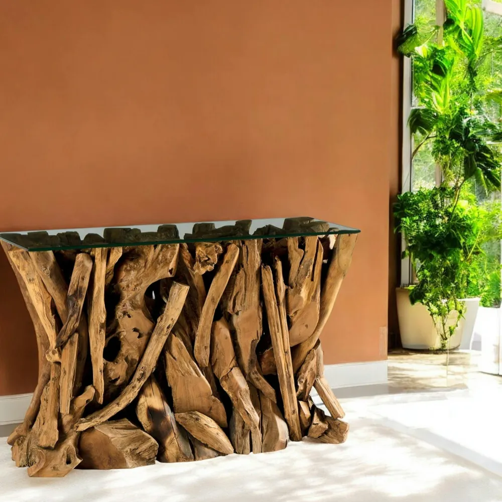 Consoles En Bois|Consoles En Bois|Arizona Console plateau en verre sur racine de teck