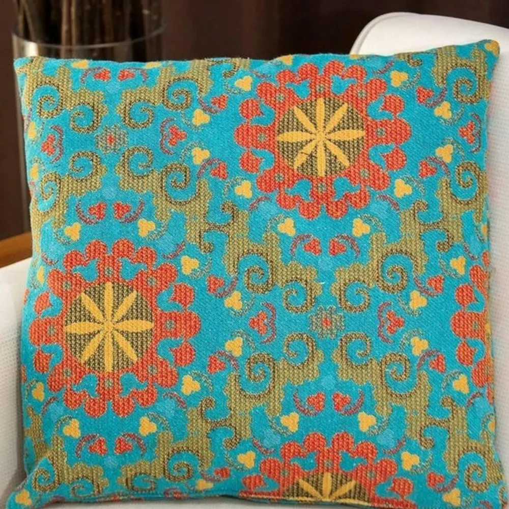 Textile·Coussins|IZMIR Coussin rétro multicolore – fleurs sur fond bleu