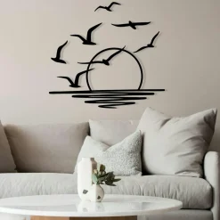Décorations Murales| Décoration murale métal noir – coucher de soleil et oiseaux