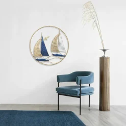 Décorations Murales| Décoration murale ronde 2 voiliers bleus métal