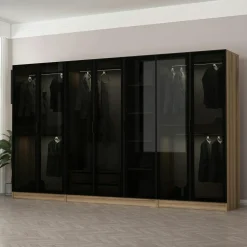 Armoires En Bois|Meubles De Chambre·Dressings|BYRON Dressing design 7 portes verre noir & cadre effet noyer