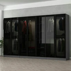 Armoires En Bois|Meubles De Chambre·Dressings|BYRON Dressing XXL 5 penderies, anthracite & verre noir 190 cm