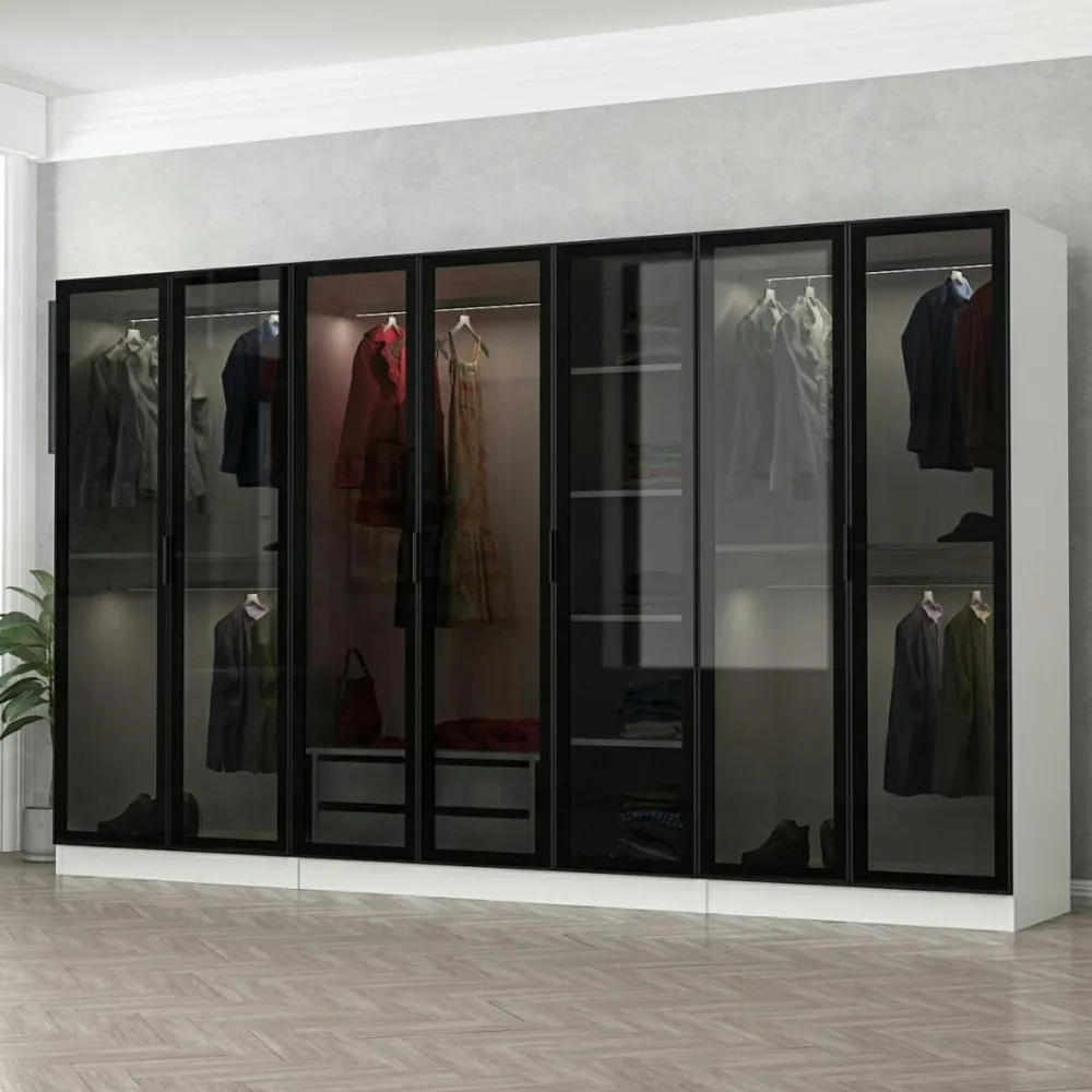 Meubles De Chambre·Dressings|Armoires En Bois|BYRON Dressing XXL 5 penderies, blanc & verre noir 190 cm