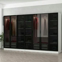 Meubles De Chambre·Dressings|Armoires En Bois|BYRON Dressing XXL 5 penderies, blanc & verre noir 190 cm