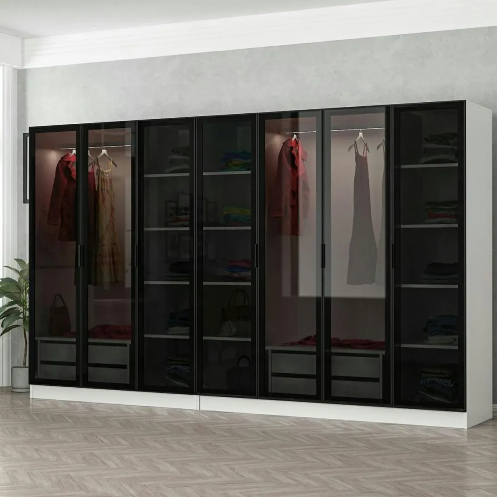 Meubles De Chambre·Dressings|Armoires En Bois|BYRON Dressing XXL 5 penderies, blanc & verre noir 190 cm