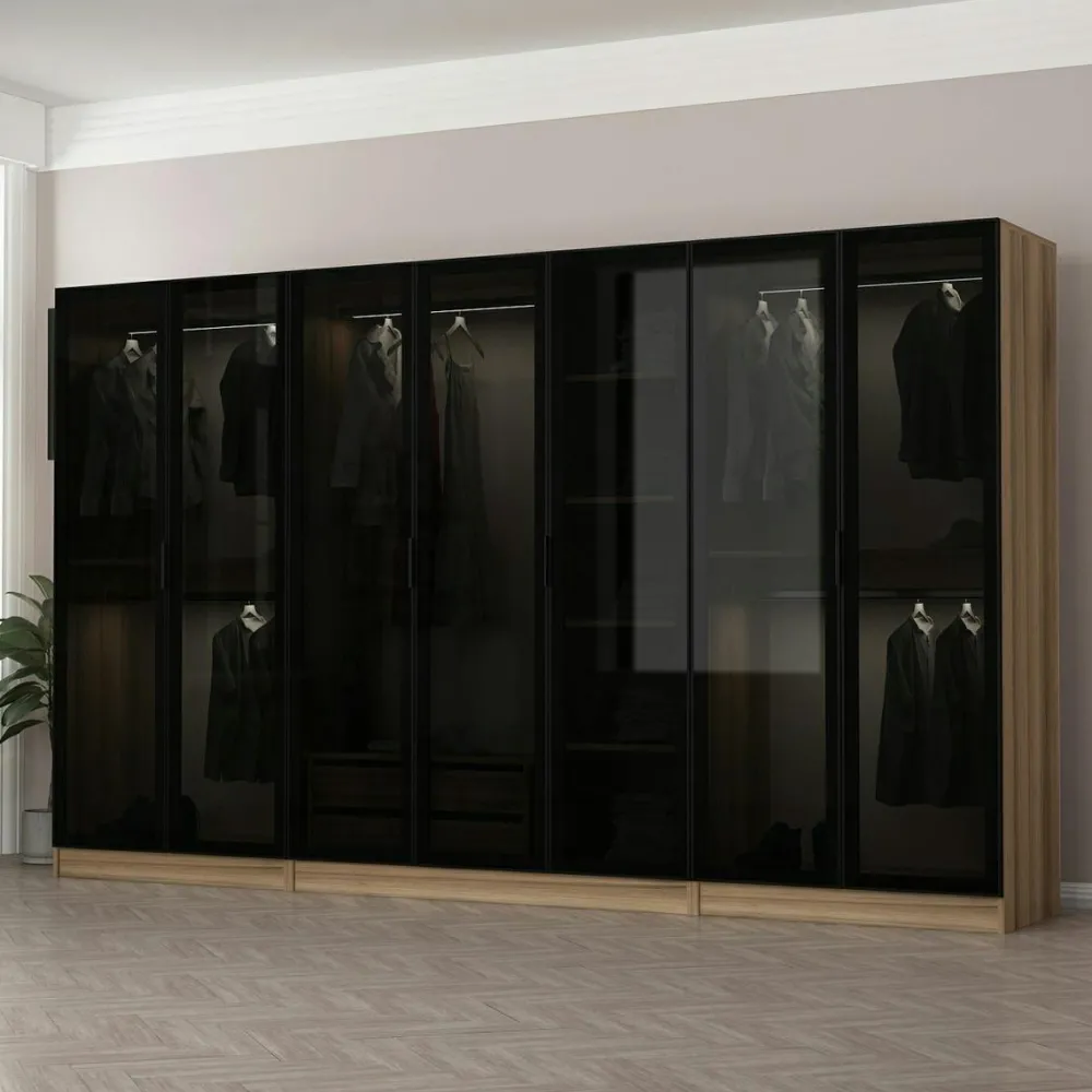 Meubles De Chambre·Dressings|Armoires En Bois|BYRON Dressing XXL 5 penderies, blanc & verre noir 190 cm