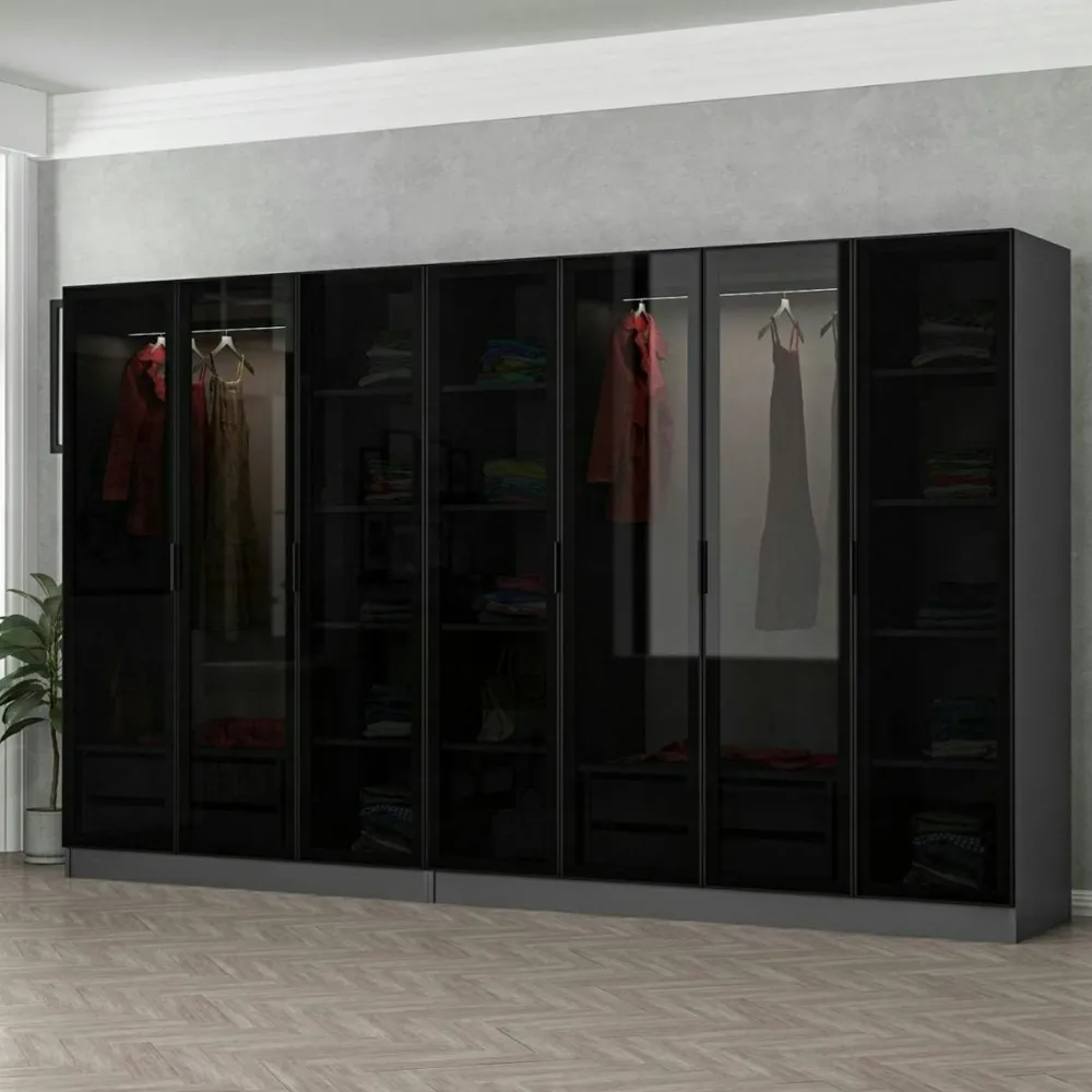 Meubles De Chambre·Dressings|Armoires En Bois|BYRON Dressing XXL 5 penderies, blanc & verre noir 190 cm