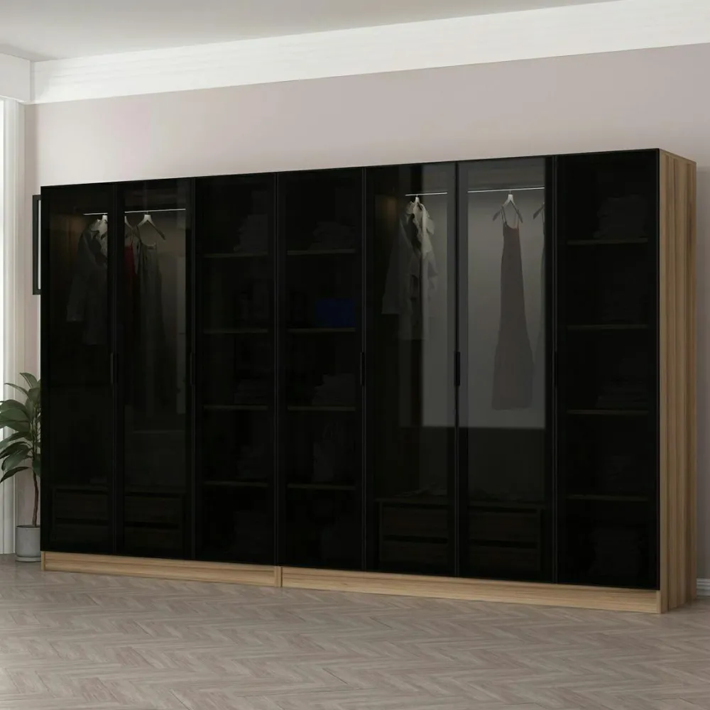 Meubles De Chambre·Dressings|Armoires En Bois|BYRON Dressing XXL 5 penderies, blanc & verre noir 190 cm