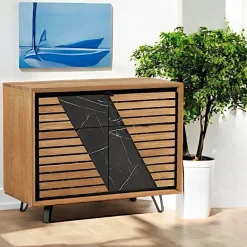 Buffets Noirs|Buffets Noirs|ESSEN Enfilade 4 portes chêne blanc décor graphique