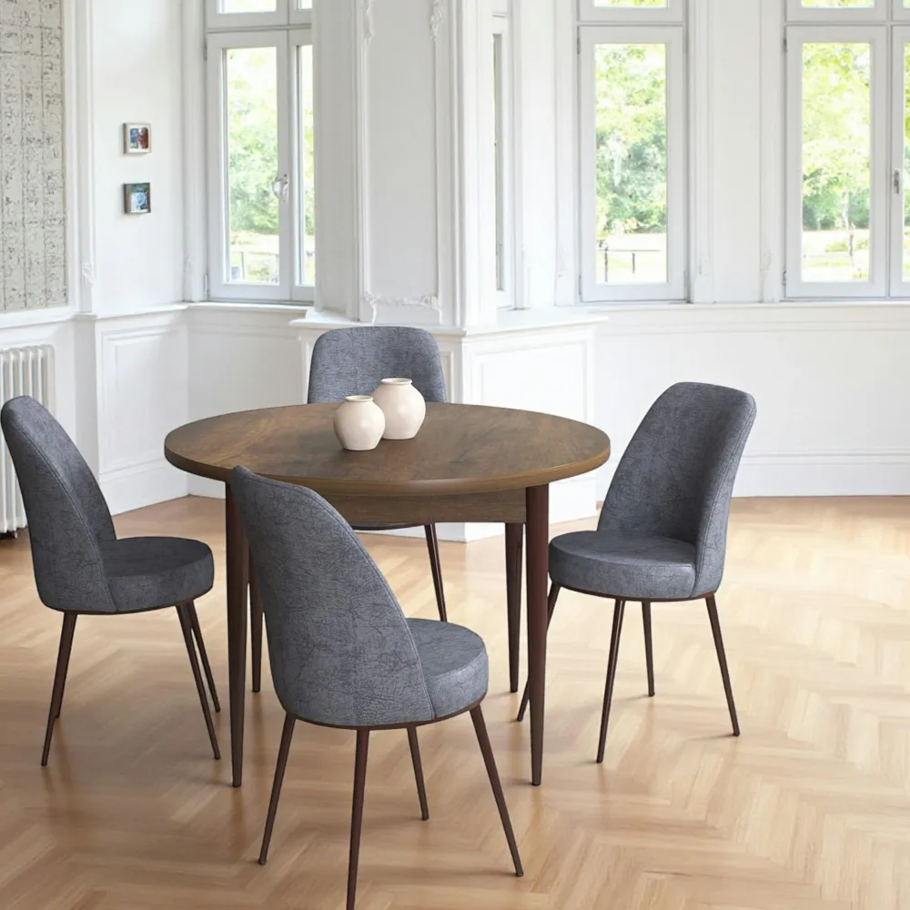 Tables À Manger Rondes|Tables À Manger En Bois|AROLA Ensemble table ronde Ø90 cm + 4 chaises grises à motifs