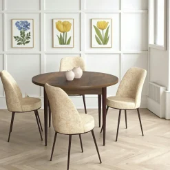 Tables À Manger Rondes|Tables À Manger En Bois|AROLA Ensemble table ronde Ø90 cm + 4 chaises beiges à motifs