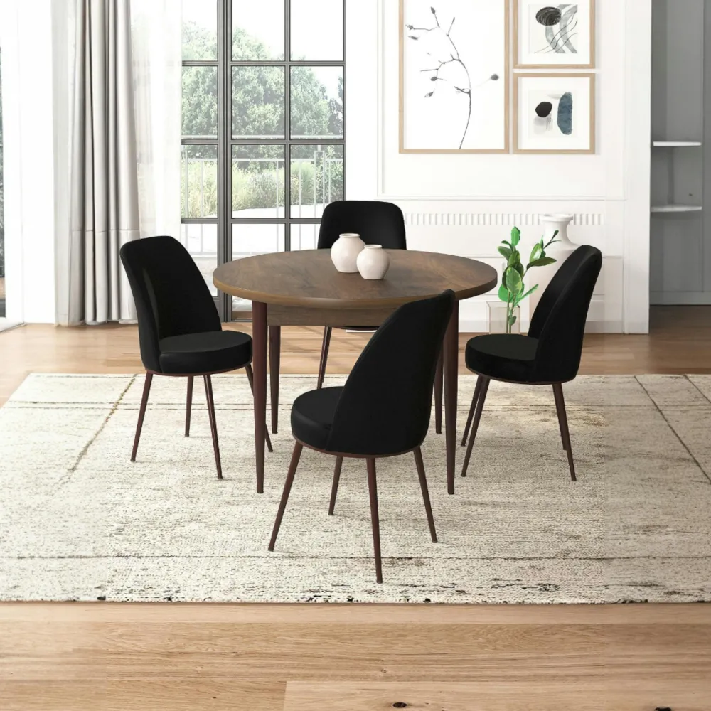 Tables À Manger Rondes|Tables À Manger En Bois|AROLA Ensemble table ronde Ø90 cm + 4 chaises noires