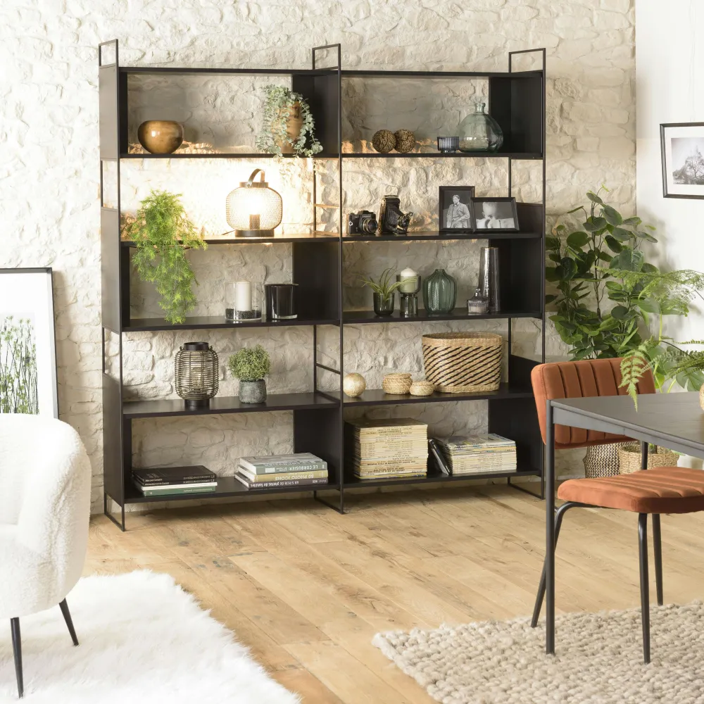 Etagères Industrielle|CORUMBA Etagère bois noir et métal 10 niches