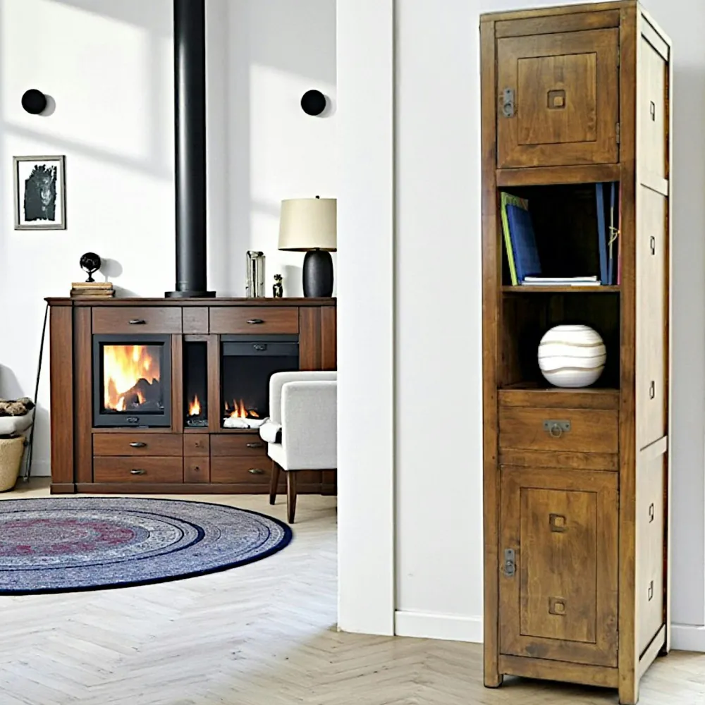 Meubles De Salon·Colonnes De Rangement|Meubles De Rangement·Colonnes De Rangement|Tessa Etagère colonne 2 portes 1 tiroir hévéa H190cm