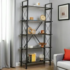 Meubles De Salon·Etagères Murales|Meubles De Rangement·Etagères Murales|TALLINN Etagère murale déstructurée en métal noir et bois, 4 plateaux