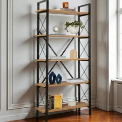 Meubles De Salon·Etagères Murales|Meubles De Rangement·Etagères Murales|TALLINN Etagère murale déstructurée en métal noir et bois, 4 plateaux