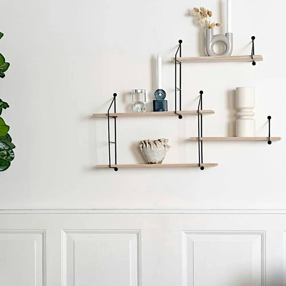 Meubles De Salon·Etagères Murales|Meubles De Rangement·Etagères Murales|TALLINN Etagère murale déstructurée en métal et bois, finition verte, 4 plateaux