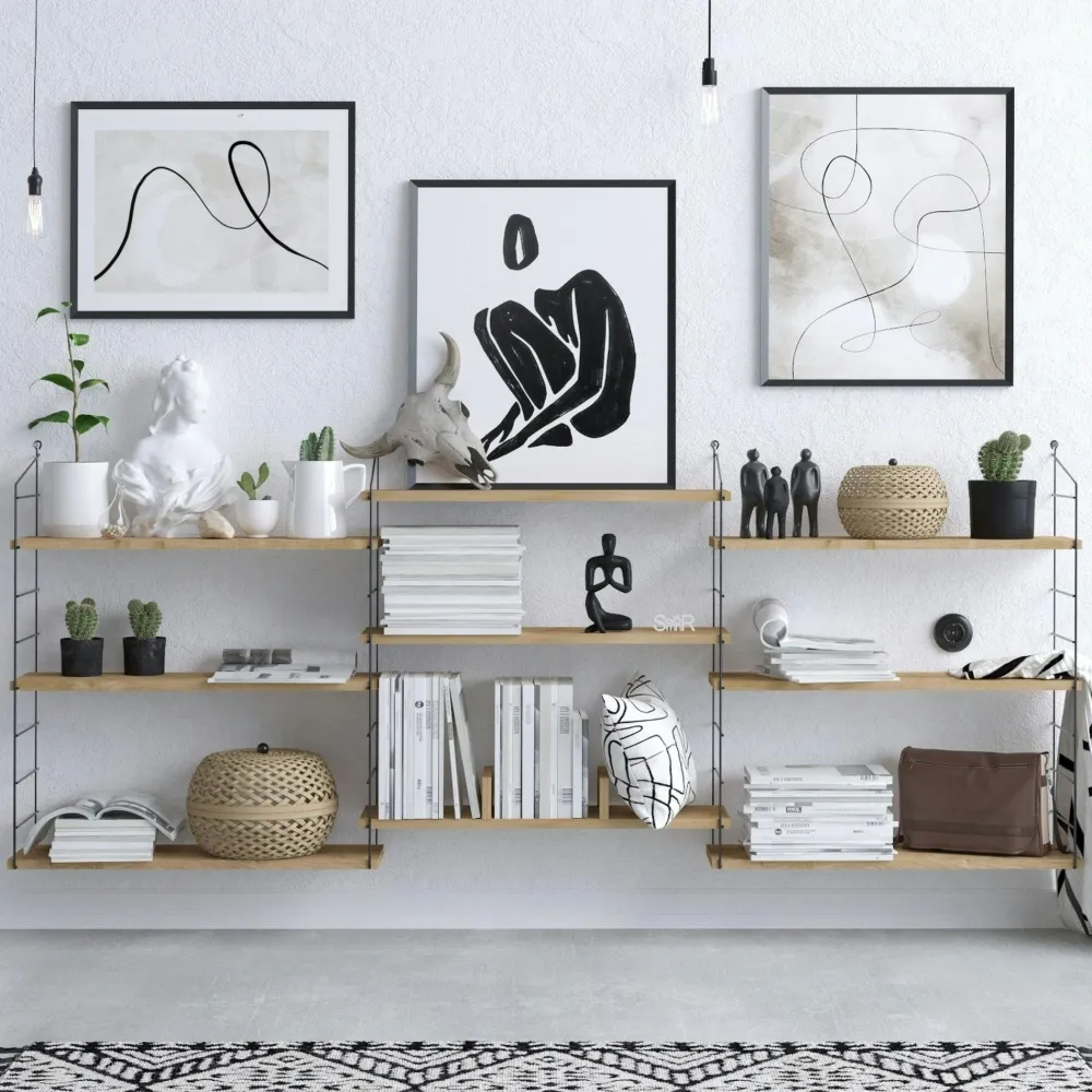 Meubles De Salon·Etagères Murales|Meubles De Rangement·Etagères Murales|JENA Etagère murale effet chêne clair structure métal noir