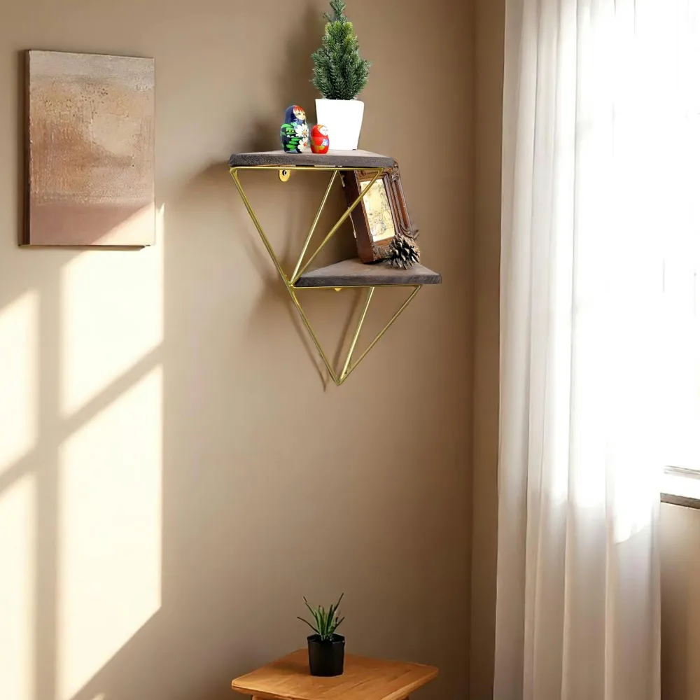 Meubles De Salon·Etagères Murales|Meubles De Rangement·Etagères Murales|SITIA Etagère murale en bois et métal doré - forme triangle