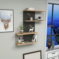 Meubles De Salon·Etagères Murales|Meubles De Rangement·Etagères Murales|JENA Etagère murale moderne effet bois & gris - 2 niches