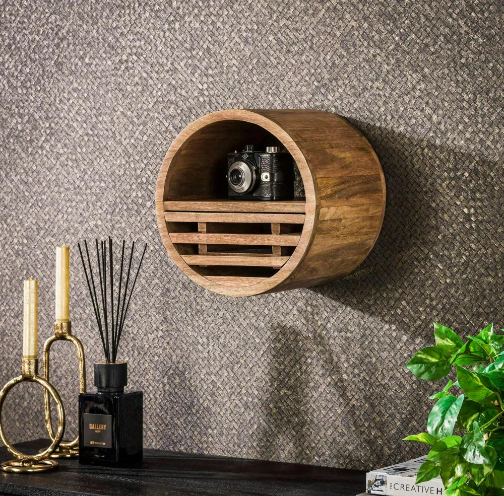 Meubles De Salon·Etagères Murales|Meubles De Rangement·Etagères Murales|DELHI Etagère murale ronde 1 tiroir bois de manguier ø 30 cm